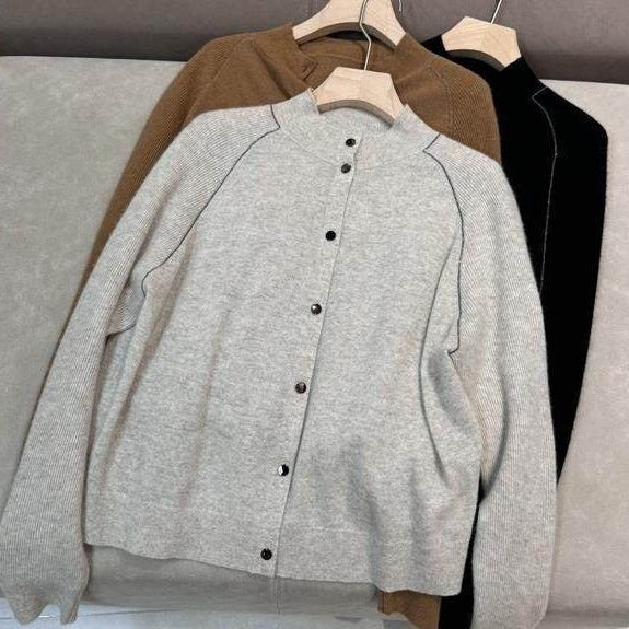 Cardigan de Lana Cuello Redondo Manga Larga Otoño-Invierno con Diseño Relajado y Estilizador
