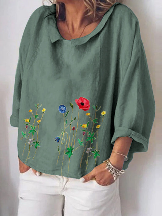 Blusa de Algodón y Lino con Bordado de Flores - Manga Larga Literaria - Image 14