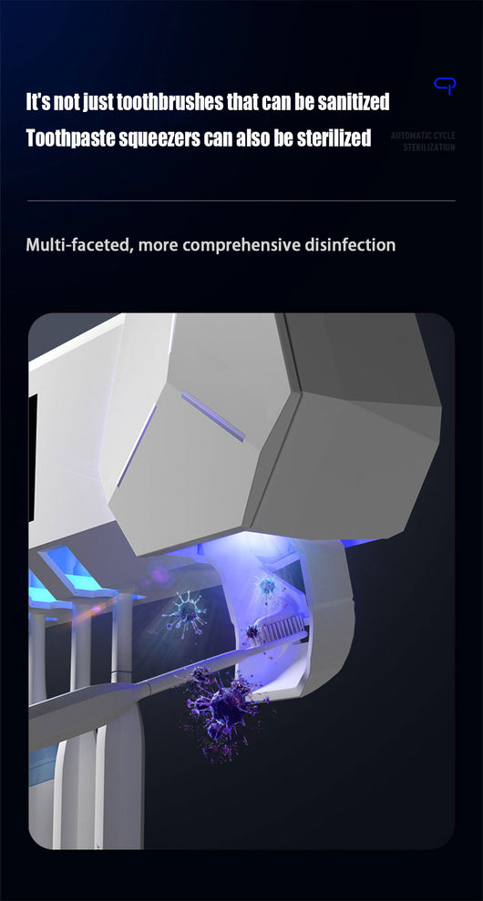 White wall-mounted toothbrush sterilizer with UVC ultraviolet light, holding four electric toothbrushes. Features a digital display and blue sterilization light - Image 14