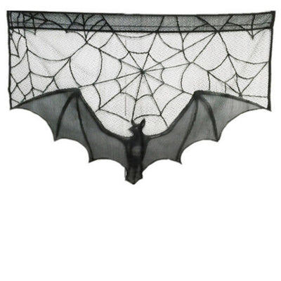 Black lace Halloween curtain with a spider web pattern and a hanging bat figure, perfect for spooky decor. - Image 4
