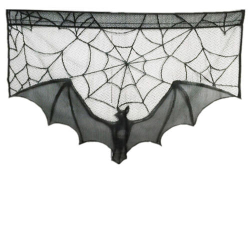 Black lace Halloween curtain with a spider web pattern and a hanging bat figure, perfect for spooky decor. - Image 4