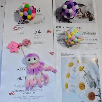Purple plush cat teaser toy with googly eyes, elastic strings, and a pink flower attachment, resembling an octopus. - Image 15
