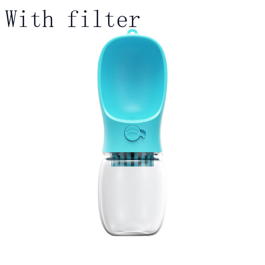 White portable pet water bottle with a clear reservoir and built-in drinking bowl, shown in a bag. - Image 10