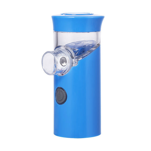 Gray handheld ultrasonic nebulizer with a clear medication chamber and a power button, designed for portable respiratory care. - Image 7