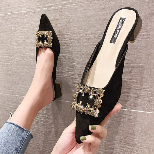 Sandalias y Pantuflas de Tacón Grueso Punta Afilada en Gamuza para Mujer - Image 3