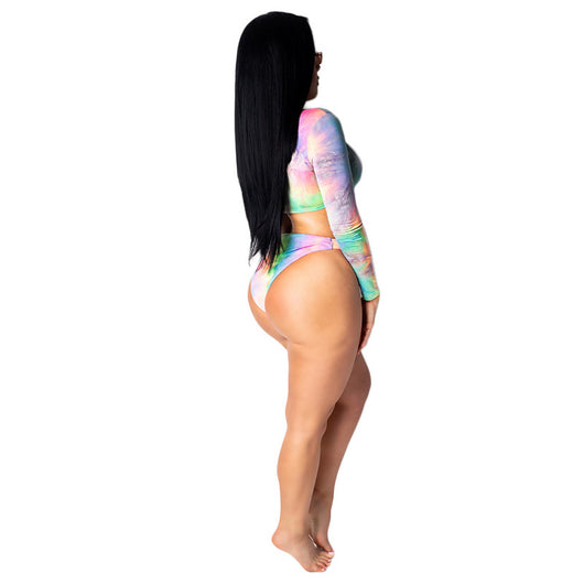 Women's tie-dye long-sleeve crop top swimsuit with high-cut bikini bottoms, featuring a colorful print. - Image 6