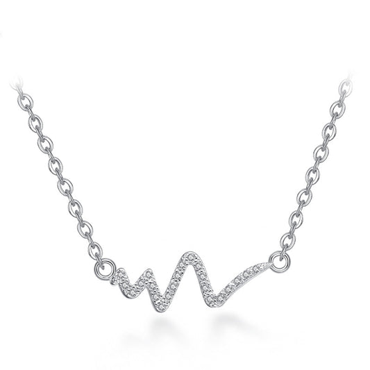 Silver necklace with an ECG heartbeat line pendant, adorned with small clear stones on a simple link chain.