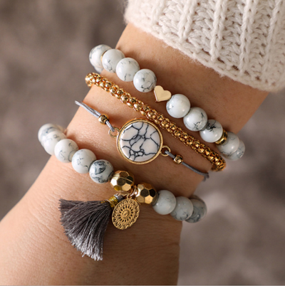 Pulsera de Piedra Pine Geométrica Hueca con Flecos - Juego de 4 Piezas - Image 6