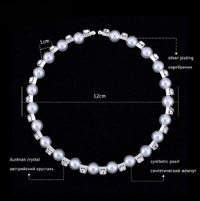 Bridal three-piece jewelry set with white pearls and clear rhinestones, including a necklace, bracelet, and square stud earrings. - Image 5