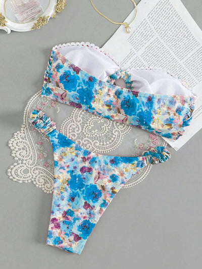 Floral print tube top bikini with blue and purple flowers, white lace trim, and a central ring detail. - Image 11