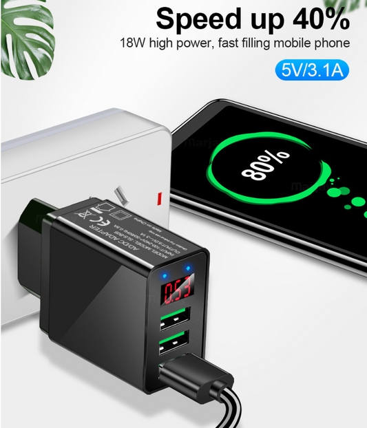 Cargador USB Triple Puerto con Pantalla LED 3A - Image 2