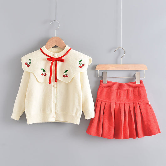 Conjunto de Dos Piezas Tejido Estilo Occidental para Niñas - Suéter y Falda Manga Larga - Image 3
