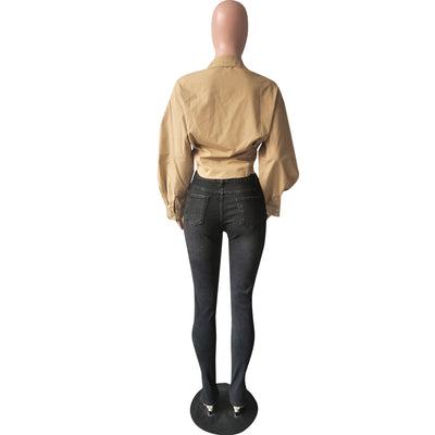 Blusa Elegante de Manga Linterna Ajustada en Color Sólido - Image 5
