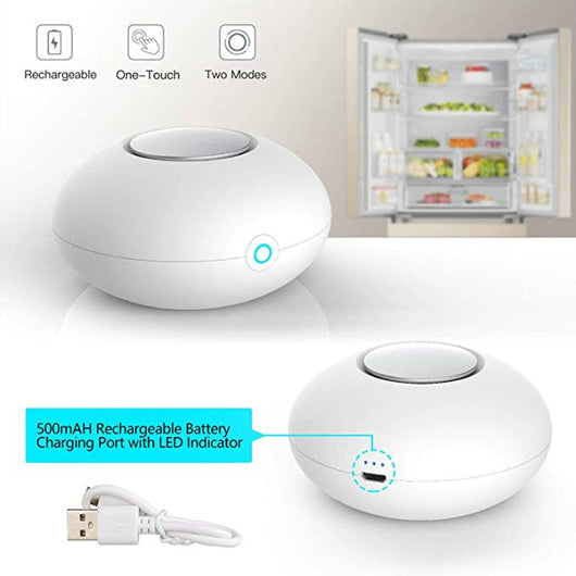 White mini ozone generator and air purifier with a round, compact design and a green indicator light. - Image 3