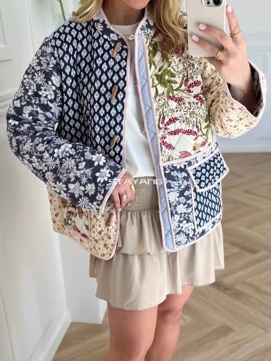 Chaqueta Acolchada Patchwork Estilo Europeo Americano con Impresión Posicionada - Image 10