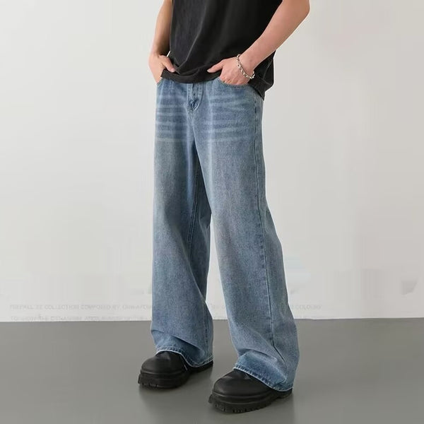 Jeans Rectos Azul Vintage Corte Relajado Estilo Americano para Hombre