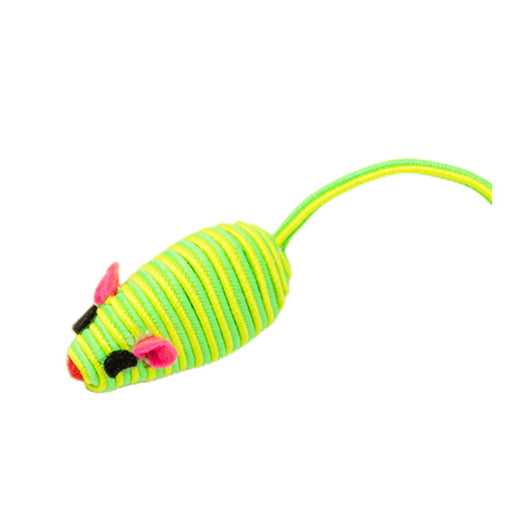 Pink and purple striped rope mouse cat toy with felt ears and black eyes, featuring a long flexible tail. - Image 6