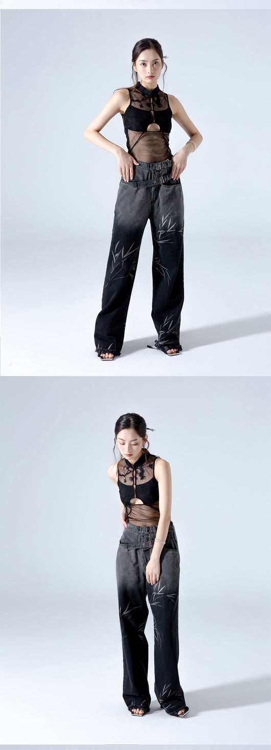 Blusa Negra de Gasa con Bordado Hueco Estilo Chino en Pino y Ciprés - Image 8