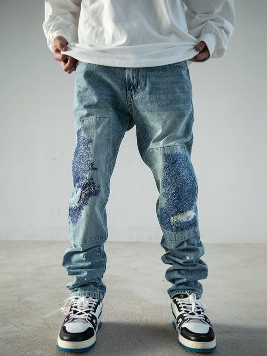 Jeans Ajustados Efecto Quemado Industrial para Trabajo Pesado