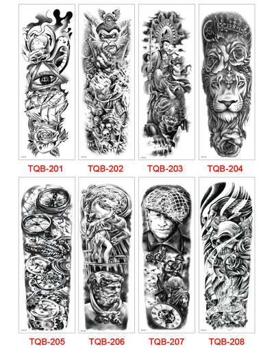 Full arm temporary tattoo sticker with a black, red, and light blue tribal design, featuring abstract shapes and patterns. - Image 55