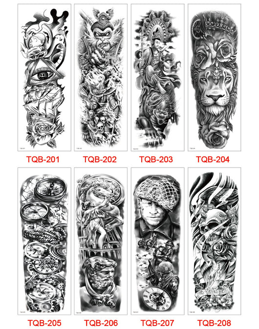 Full arm temporary tattoo sticker with a black, red, and light blue tribal design, featuring abstract shapes and patterns. - Image 55