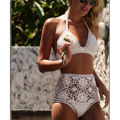 Bikini de Cintura Alta con Crochet Calado - Diseño Europeo Moderno