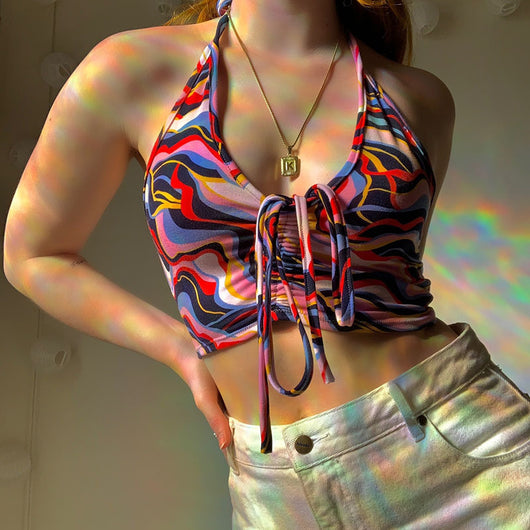 Top Halter Mujer con Pliegues Corrugados y Estampado Irregular - Image 7