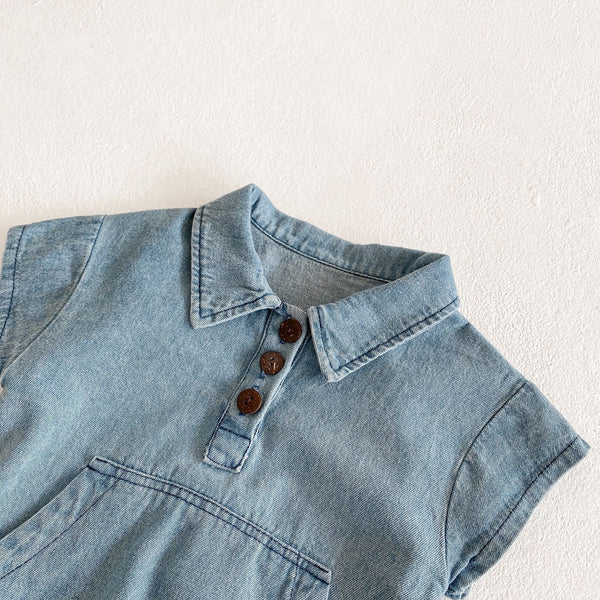 Mono de Algodón Denim para Niña - Manga Corta con Bolsillos Grandes