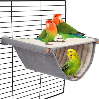 Gray and cream two-tier pet hammock with plush interior, hanging in a wire cage with three small birds. - Image 4