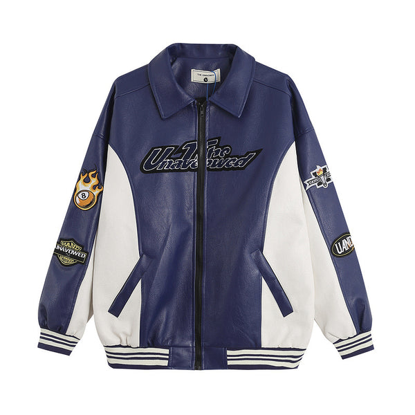 Chaqueta Universitaria Retro PU Bordada Suelta para Hombre