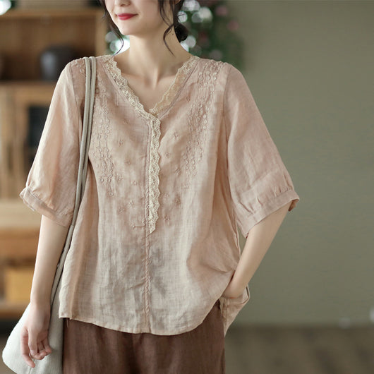 Blusa de Lino Ramio con Cuello en V y Encaje Bordado para Mujer - Image 3