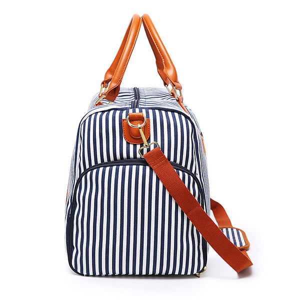 Bolsa Grande de Lona y Cuero con Contraste de Rayas