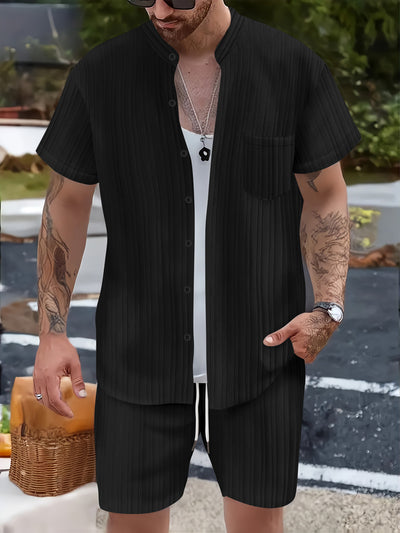 Conjunto Casual de 2 Piezas: Camisa Cuello Parado y Shorts para Hombre - Image 7