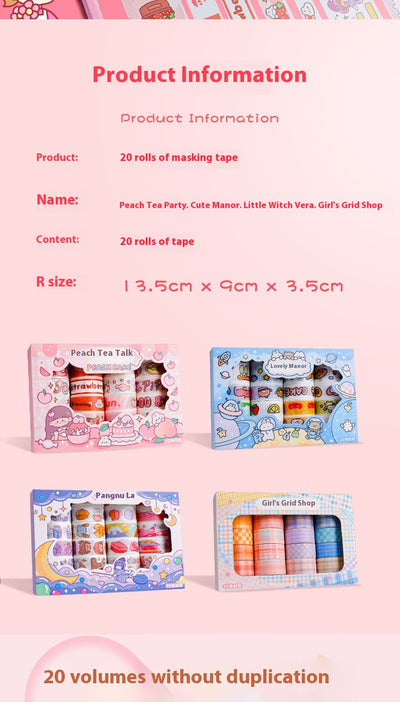 Set of 20 rolls of cute cartoon washi tape in a pink 'Peach Tea Talk' gift box, featuring peach, strawberry, and bear designs. - Image 16