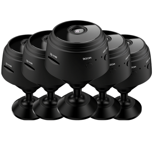 White A9 WIFI wireless network camera with a black lens, shown next to a black 32GB microSD card. - Image 22