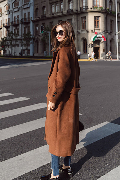 Abrigo de Lana Largo Estilo Coreano Harajuku Caramelo para Mujer - Image 3