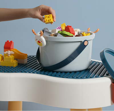 Two plastic storage buckets, one small and one large, with light blue bodies and orange lids featuring cartoon reindeer faces. - Image 10
