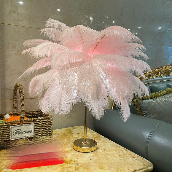 Lámpara Nocturna USB con Plumas de Avestruz Natural - Luz Ambiente para Dormitorio