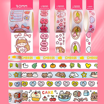 Set of 20 rolls of cute cartoon washi tape in a pink 'Peach Tea Talk' gift box, featuring peach, strawberry, and bear designs. - Image 3
