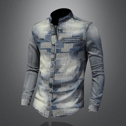 Camisa Denim Punk con Parches de Colores Retro para Hombre