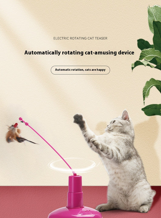 Pink automatic cat toy with a rotating pole and a brown feather attachment, measuring 15cm high. - Image 9