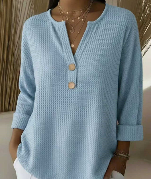Blusa Suelta de Punto Waffle con Cuello V y Manga Larga - Image 7