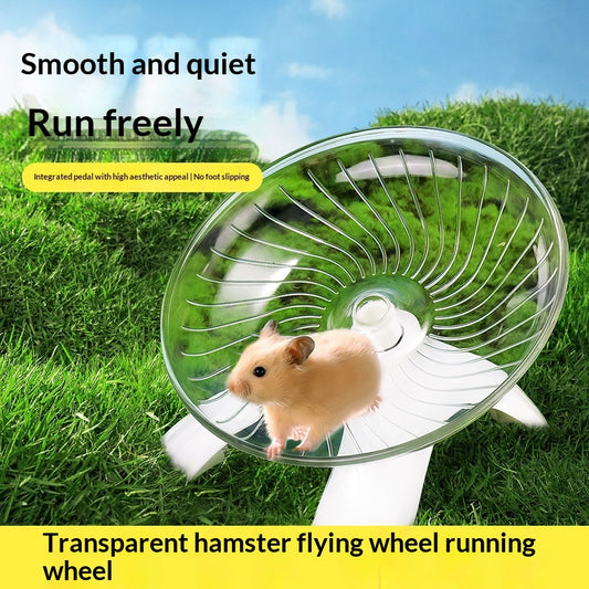 Blue transparent hamster flying saucer running wheel with a white stand, suitable for hamsters and small pets.