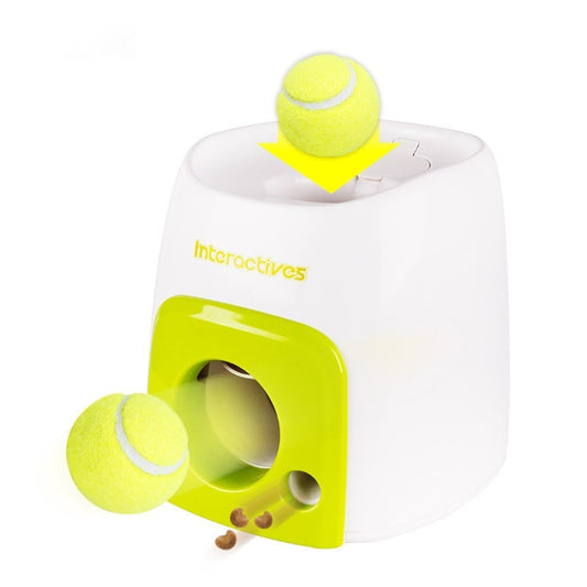 White and lime green interactive pet dog baseball food reward machine with tennis balls and treats.