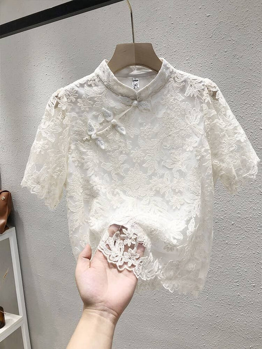 Blusa Étnica China con Encaje y Cierre de Hebilla - Image 11
