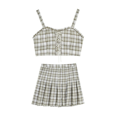 Conjunto Falda Plisada Cuadros Retro con Corpiño y Blusa Protección Solar Estilo Universitario - Image 9