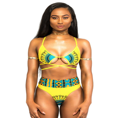 Bikini Étnico de Cintura Alta con Diseño Estampado y Abertura Frontal - Image 2
