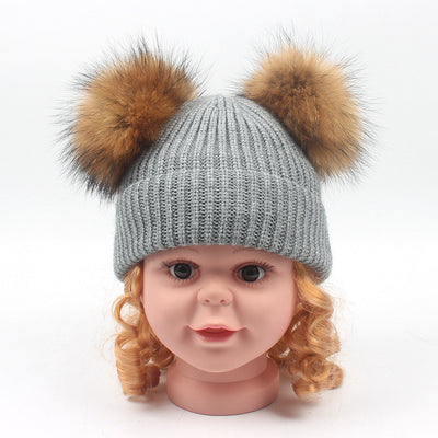 Gorro Tejido Cálido con Orejeras de Pompones para Niños - Otoño e Invierno