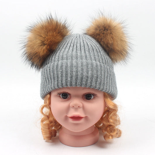 Gorro Tejido Cálido con Orejeras de Pompones para Niños - Otoño e Invierno
