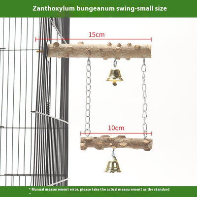 Colorful parrot swing toy with a natural wood perch, an arch of multicolored beads, and two small bells. - Image 2